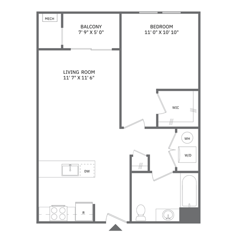 Floor plan for 1 bed, 1 bath, 669 sqft